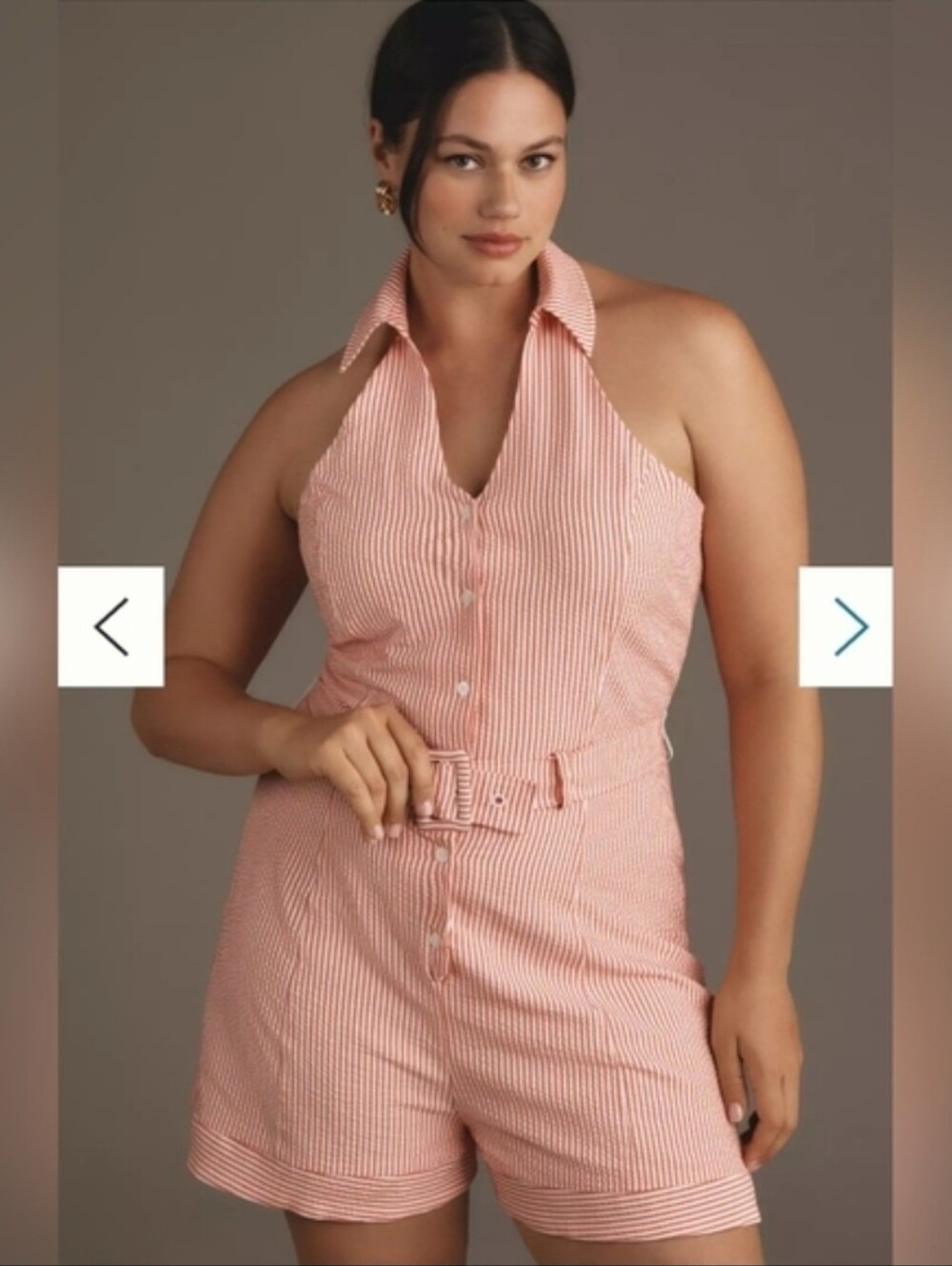 Maeve Romper Halter Style Coral White Seersucker Preppy Coastal Resort Beachy
